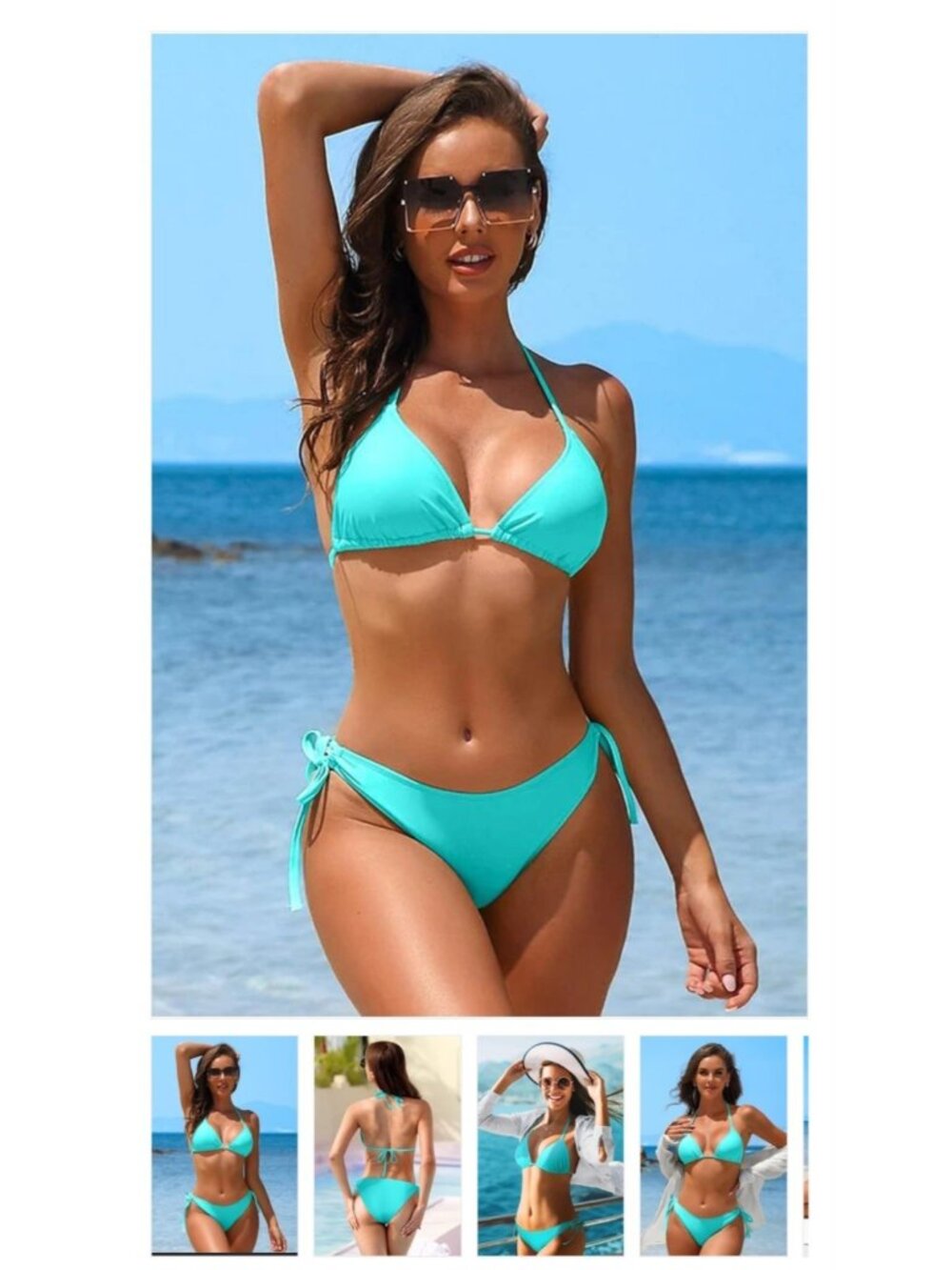 Mycharmo Bikini Set Womens Aqua Triangle Top Tie Side Bottoms UPF 50+. WL6